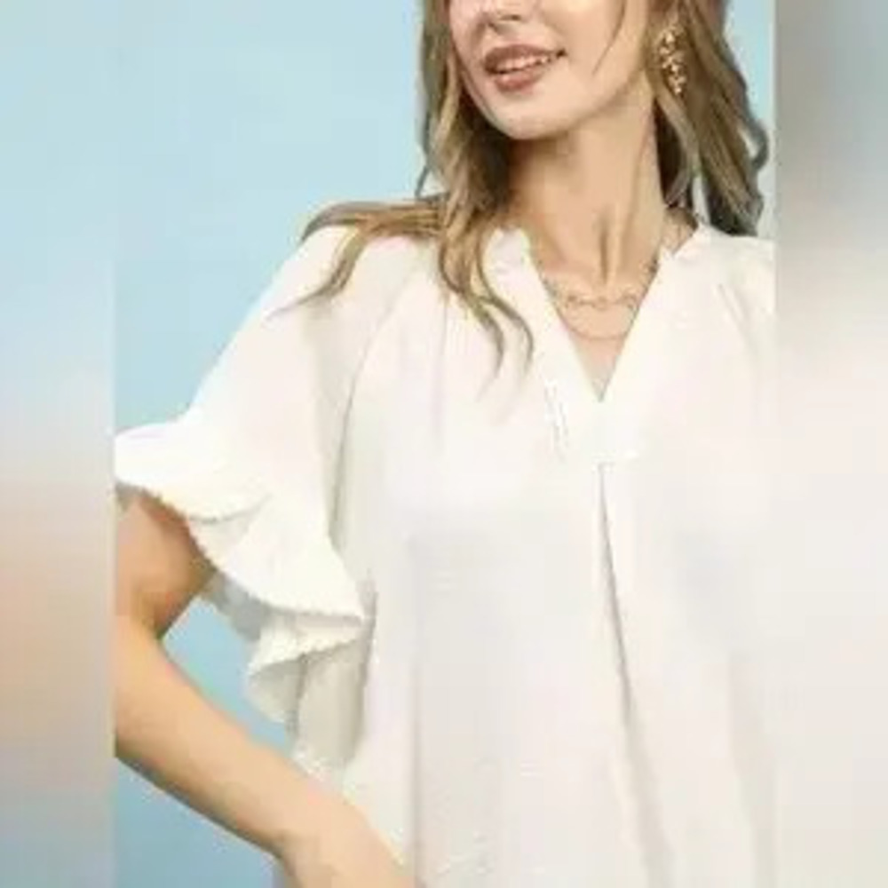 Umgee Ruffle Sleeve V-Neck Flutter Blouse - Picture 4 of 6